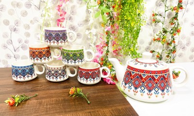 ALTAICA Pack of 7 Ceramic Ceramic Awesome Floral Print Tea Kettle Pot with Cup Set --1 Pot + 6 Cups(Multicolor, Cup Set)