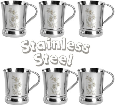 Q4S Pack of 6 Stainless Steel, Steel cups for tea flower design for everyday use(Silver, Cup Set)