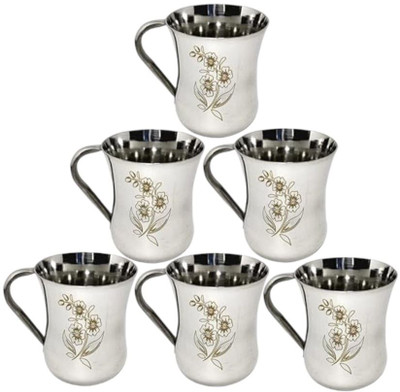 Swati Pack of 6 Stainless Steel Tea Cup 6 Pcs Flower Laser Printed Tea/coffee/Milk/Water Cup(Silver, Cup Set)