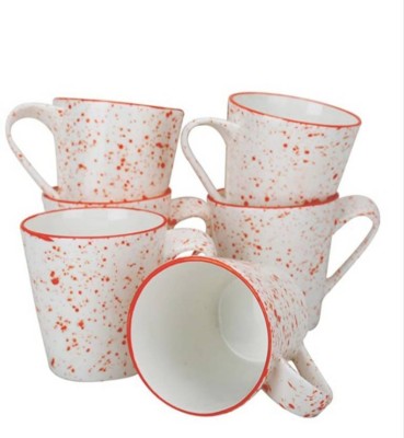 RKPL Pack of 6 Bone China Bone China Marvel Finish Dotted Microwave shape Tea Coffee Cup 220 ml(White, Red, Cup Set)