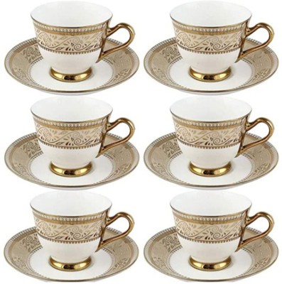 SMILERY Pack of 6 Bone China Serving Tea and Coffee Cup 6, Saucer 6, Set, 160ML(Gold, White, Cup and Saucer Set)