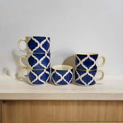freesale Pack of 6 Ceramic Blue & White Jali Print Tea/Coffee Cup Set - 170 ML Each(Blue, White, Yellow, Cup Set)