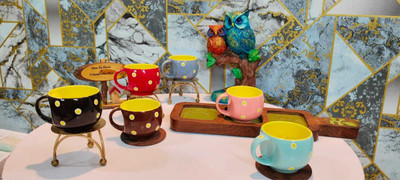 DK CRAFT'S Pack of 6 Ceramic Bone China Multi Color Dotted Round Premium Tableware Tea/Coffee Cup Set of 6(Multicolor, Cup Set)