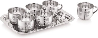 ARPANA BRIGHT Pack of 7 Stainless Steel Single Wall Design Tea Coffee 6 Pc 100ml Medium Size Cup With Serving Tray(Silver, Cup and Saucer)