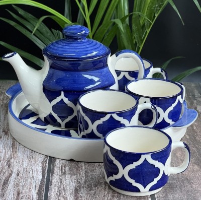 The Earthy Store Pack of 6 Ceramic Hand Painted Ceramic Tea Pot Set with 4 Cups 170ml, 1 Kettle 600ml, and 1 Tray(Blue, Cup Set)
