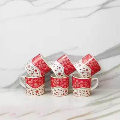 Vynora Pack of 6 Ceramic Classic Red Floral Print Ceramic Tea Cup Set | 6 Pieces(Red, Cup Set)