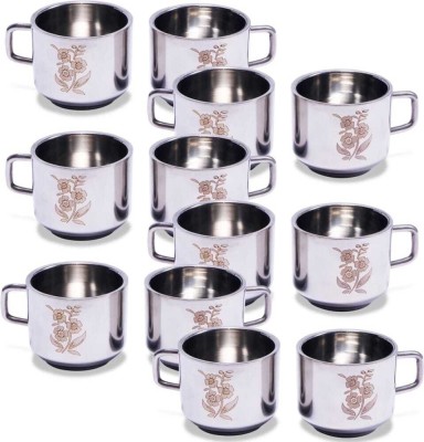 SCG Pack of 12 Stainless Steel Double Wall Floral Laser Printed Tea and Coffee Cup Set(Silver, Cup Set)