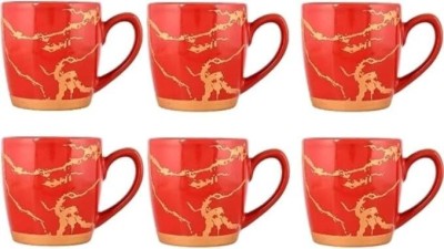 TRILOKNKS Pack of 6 Ceramic Fine Ceramic Designer Tea Cup, Coffee Mug, Capacity - 160ml(Red, Gold, Cup Set)