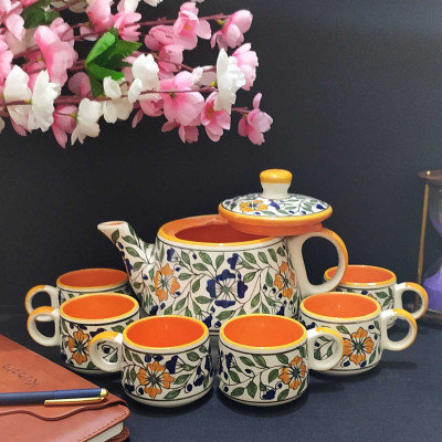 AAV WORLD Pack of 6 Ceramic Mughal Tea set with kettle ( pack of 6 cup and 1 kettle)(Multicolor, Cup Set)