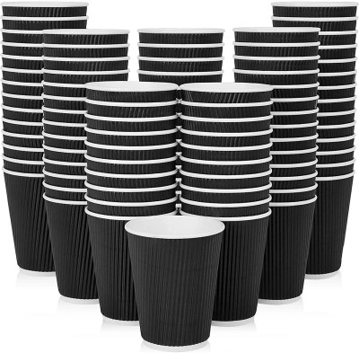 Biodis Pack of 50 Paper Biodis Ripple Paper Disposable Coffee Tea Cup 360 ml 50pcs Black with White Lid(Black, Cup)