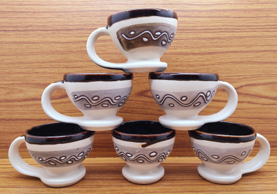 laghima jadon Pack of 6 Ceramic Tea/Coffee Cups Worldcup Shape Stylish Handle Beautiful 120 ML (Cream & Brown)(White, Brown, Multicolor, Cup Set)