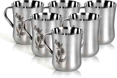 Q4S Pack of 6 Stainless Steel Floral Design Print Coffee and Tea(Silver, Cup)