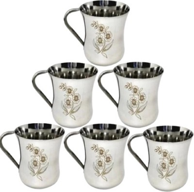 mannu Pack of 6 Stainless Steel tea cups set of 6 tea coffee cup Dishwasher Safe Flower Laser Printed design(Silver, Cup Set)