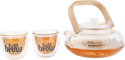 JustBrew Pack of 3 Borosilicate Glass Bamboo Teapot Set, 1 Tea Pot(800ml) with 2 Cups(100ml) | Borosilicate Glass(Clear, Cup Set)