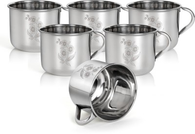 Q4S Pack of 6 Stainless Steel Premium Cups For Milk , Tea , Coffee and other Hot drink of 140 ml Floral Design(Silver, Cup)