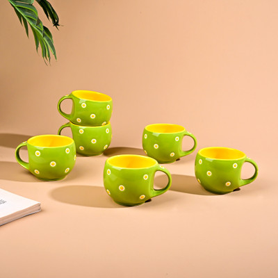 Storepedia Pack of 6 Ceramic Polka Doted Tea Cups Set of 6, 150ml Coffee Mugs for Home Office(Blue, Yellow, Cup Set)