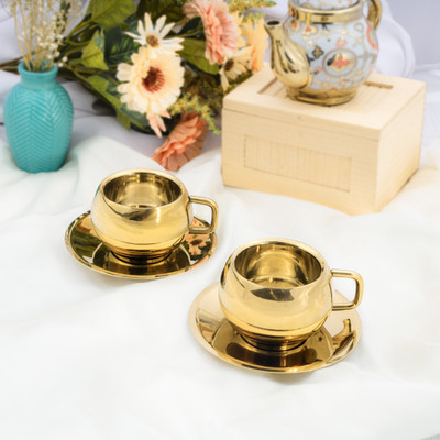 LASER ART Pack of 1 Stainless Steel Gold Plated Stainless Steel Cup & Saucer Set | Luxury Tea & Coffee Serveware |(Gold, Cup and Saucer)