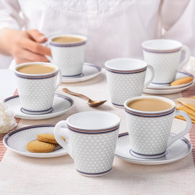 Larah by Borosil Pack of 12 Opalware Premia Series Starlight 12pc 160ml Embossed Design Tea/Coffee Mug & Saucer Set(Silver, Cup and Saucer Set)