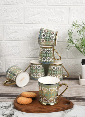 Femora Pack of 6 Bone China Golden Leaves Pattern Tea Cups 160ML(Multicolor, Cup Set)