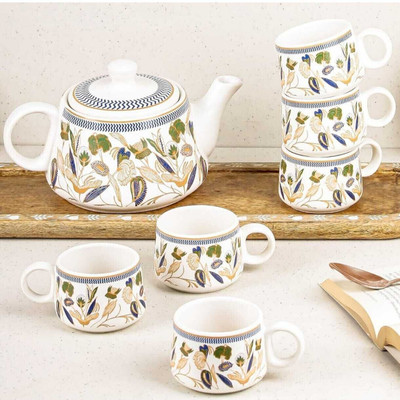 maalaxmi store Ceramic flower Tea set with kettle ( pack of 6 cup and 1 kettle)(Off White, Cup Set)