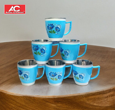 Anixa Creation Pack of 6 Stainless Steel, Plastic Evolo Tea Cup Set | Steel Cups | Coffee Cups| | Coffee Mug(Blue, Cup Set)