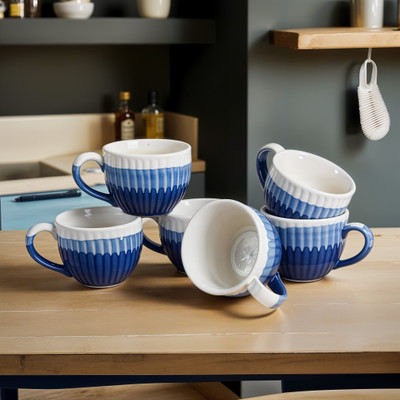 Moon Dust Pack of 6 Ceramic, Stoneware Blue & White Texture(Blue, White, Cup Set)