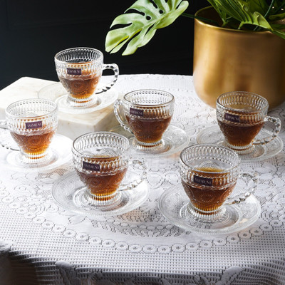 ARTMENT Pack of 6 Glass Mandala Dreams Glass Cup and Saucer Set (Set of 6)(Clear, Cup and Saucer Set)