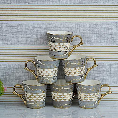 Femora Pack of 6 Bone China Indian Ceramic Fine Bone China Grey Gold Line Tea Cup - 6 Pcs, 155 ML(Multicolor, Cup Set)