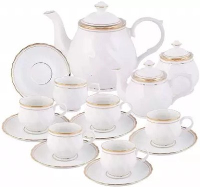 riddhi traders Pack of 15 Bone China Premium Gold Tea Set Cups and Saucer Kettle Tea Set, 17-Pieces(White, Gold, Cup and Saucer Set)