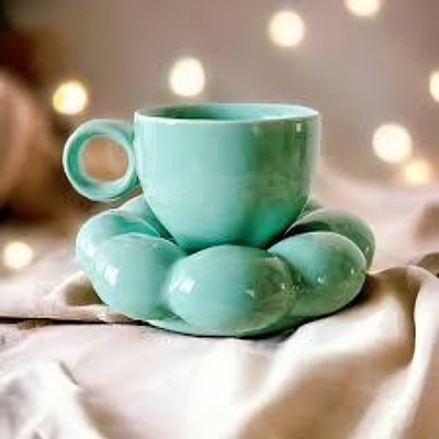 Khurja kraft Pack of 2 Ceramic Cup with Cloud Shape Sauser(Light Green, Cup and Saucer)
