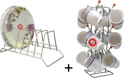 Standify Plate Kitchen Rack Steel Plate Stand Holder With Cup Stand Holder for Plates/Cup/Mug Combo (Pack of 2)