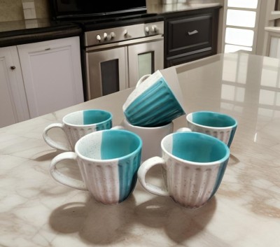 Aangan Aesthetics Pack of 6 Ceramic White-Green Striped Tea/Coffee Cup(Multicolor, Cup Set)