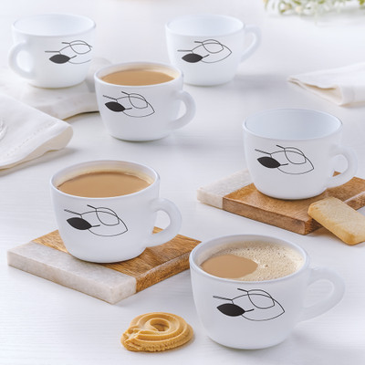 Larah by Borosil Pack of 6 Opalware Shadow 140 ml Opalware Cup Set(Black, Cup Set)