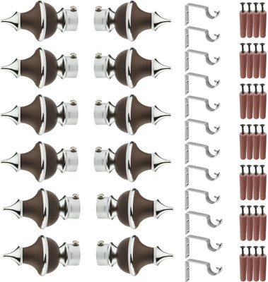 GRIVAN Silver, Brown Rod Rail Bracket, Curtain Knobs, Curtain Hooks Metal(Pack of 12)