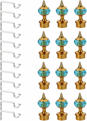 GLOXY Gold, Light Blue Curtain Knobs, Curtain Hooks, Rod Rail Bracket Metal(Pack of 12)