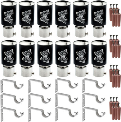 GRIVAN Black, Silver Rod Rail Bracket, Curtain Knobs, Curtain Hooks Metal(Pack of 12)