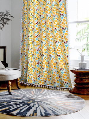 Cortina 213 cm (7 ft) Door Cotton Room Darkening Curtain Single Curtain(Yellow, Floral)