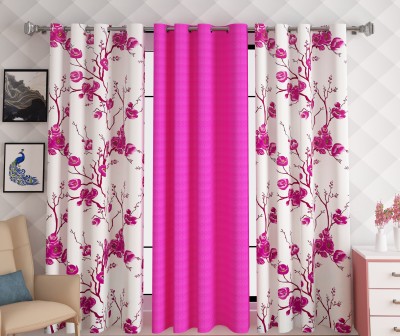 Lunar Days 274.32 cm (9 ft) Polyester Semi Transparent Long Door Curtain (Pack Of 3)(Floral, Pink)