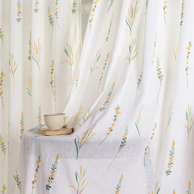 HOMEMONDE 274.32 cm (9 ft) Long Door Cotton Transparent Curtain (Pack Of 2)(Leafscape - Yellow & Green, Striped)