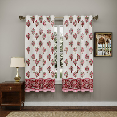 Blocks Of India 150 cm (5 ft) Window Cotton Semi Transparent Curtain (Pack Of 2)(white, pink, Printed)