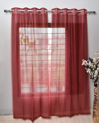 N2C Home 152 cm (5 ft) Net Semi Transparent Window Curtain (Pack Of 2)(Striped, Maroon)