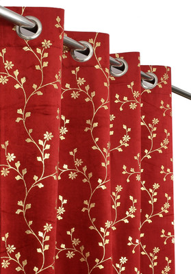VELOURA 213.36 cm (7 ft) Door Velvet Room Darkening Curtain (Pack Of 2)(Maroon, Floral)