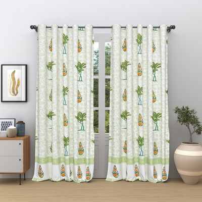 Blocks Of India 210 cm (7 ft) Door Cotton Semi Transparent Curtain (Pack Of 2)(Orange, Green, Printed)