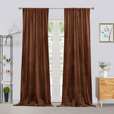 HOMEMONDE 274.32 cm (9 ft) Long Door Velvet Room Darkening Curtain (Pack Of 2)(Brown, Self Design)