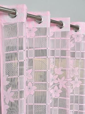 tiyos 275 cm (9 ft) Net Semi Transparent Long Door Curtain Single Curtain(Floral, Pink)