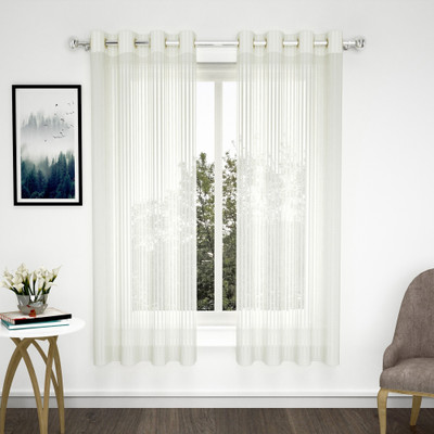 Story@home 152 cm (5 ft) Window Tissue Semi Transparent Curtain (Pack Of 2)(White, Striped)