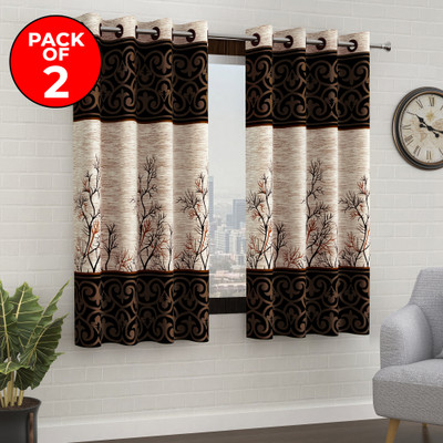 Story@home 152 cm (5 ft) Window Polyester Semi Transparent Curtain (Pack Of 2)(Cream, Brown, Printed)