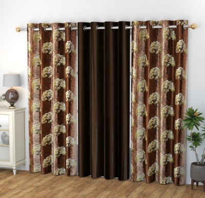GOYTEX 182.88 cm (6 ft) Polyester Room Darkening Window Curtain (Pack Of 3)(Printed, Solid, Brown)