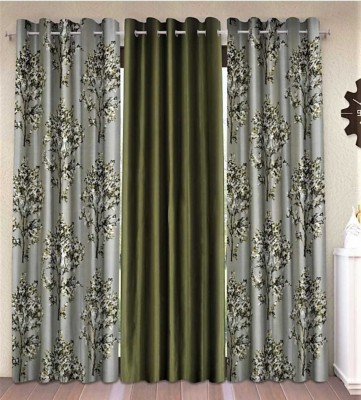 Home Tex 152 cm (5 ft) Polyester Semi Transparent Window Curtain (Pack Of 3)(Floral, Green)