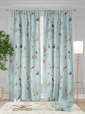 Tample Fab 154 cm (5 ft) Polyester Room Darkening Window Curtain (Pack Of 2)(Floral, Light Blue)